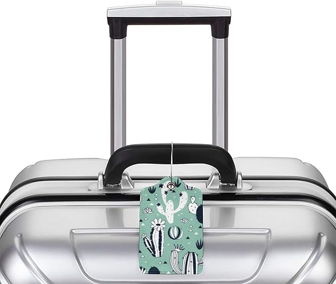 2 Pack Cute Cactus Green Suitcase Tags Identifiers Unique Leather Luggage Tags with Stainless Steel Loop Privacy Cover ID Label for Women Men Girls Boys Travel