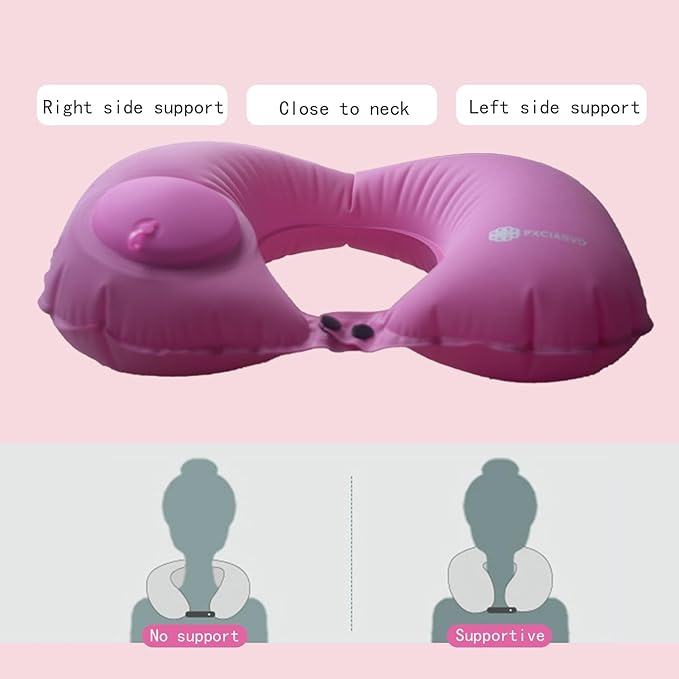 Inflatable Travel Pillow for Sleeping Airplane - Inflatable Neck Pillow for Traveling on Plane, Press to Inflate,Portable Travel Neck Pillow with Carry Bag （Pink）