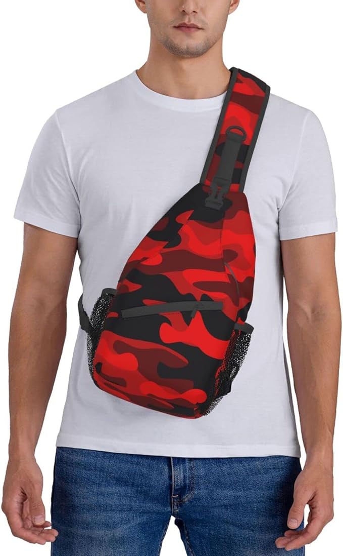 SUPLUCHOM Sling Bag Military Camouflake Camo Red Black Hiking Daypack Crossbody Shoulder Backpack Travel Chest Pack for Men Women Over 12 Years Old
