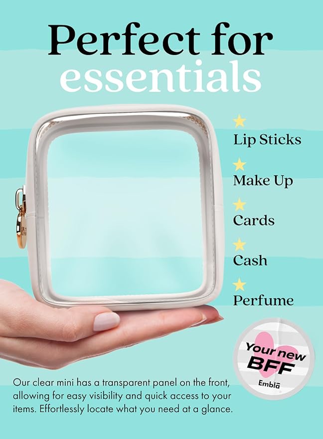 Clear Makeup Bag Zipper Pouch, Transparent Cosmetic Case Organizer, TSA Approved Travel Toiletry Case, Travel Accessories Essentials Makeup Tote for Women, Mini Cute Make up Bag for Purse - White