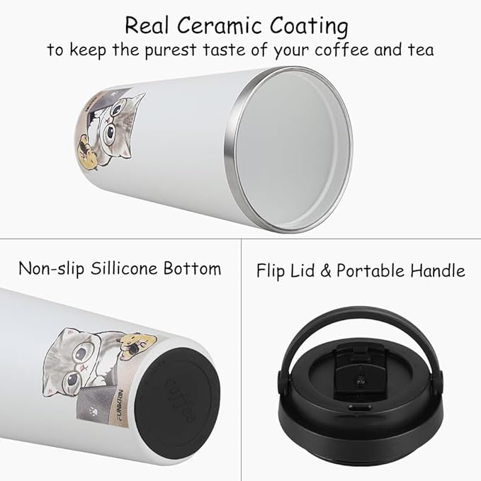Funkrin Insulated Coffee Mug with Ceramic Coating, 16oz Iced Coffee Tumbler Cup with Flip Lid and Handle, Double Wall Vacuum Leak-Proof Travel Mug for Office School Party Camping