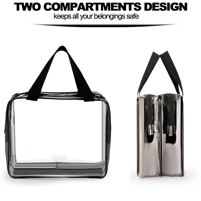 2Pcs Crystal Clear PVC Travel Toiletry Bag Kit for Women Men, Waterproof Vinyl Organizer Clear Makeup Bags with Zipper, Cosmetic Bag Pouch Carry on Airport Airline Compliant Bag Handbag (Double Layer)