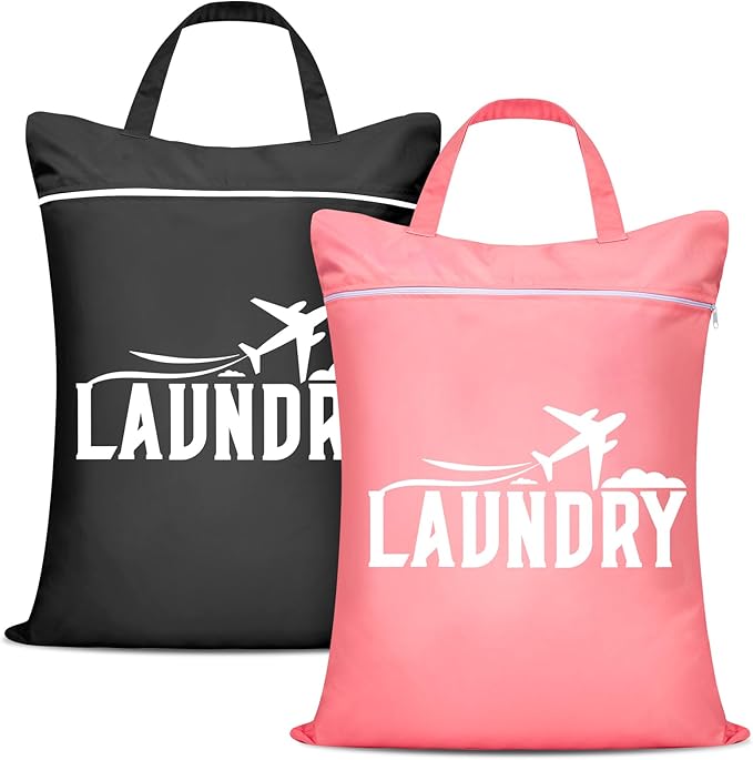 Fiodrimy 2 Pcs Large Travel Laundry Bags - Washable Waterproof Wet Clothes Bags for Gym, Swimming, Yoga & College Dorm (Black+Pink)