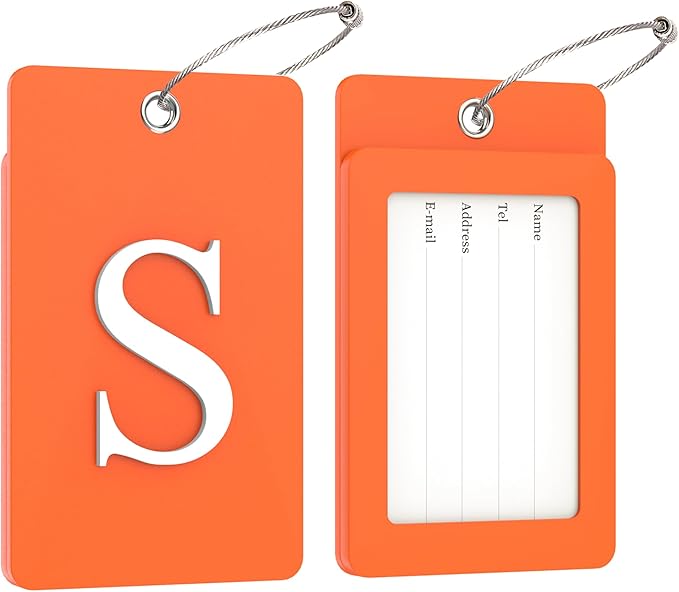 Gostwo 2 Pack Luggage Tags for Suitcases, 26 Initial Letter Travel Luggage Baggage Identification Labels ID Tag Fully Bendable Tags with Stainless Steel Loop (Orange) (Letter S)