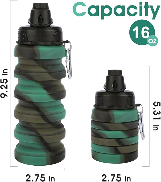 Collapsible Water Bottle for Adults, Boys, Students, Kids, Reusable Silicone Foldable Water Bottles for Travel Camping Hiking, Portable Sports Water Bottle, Camouflage
