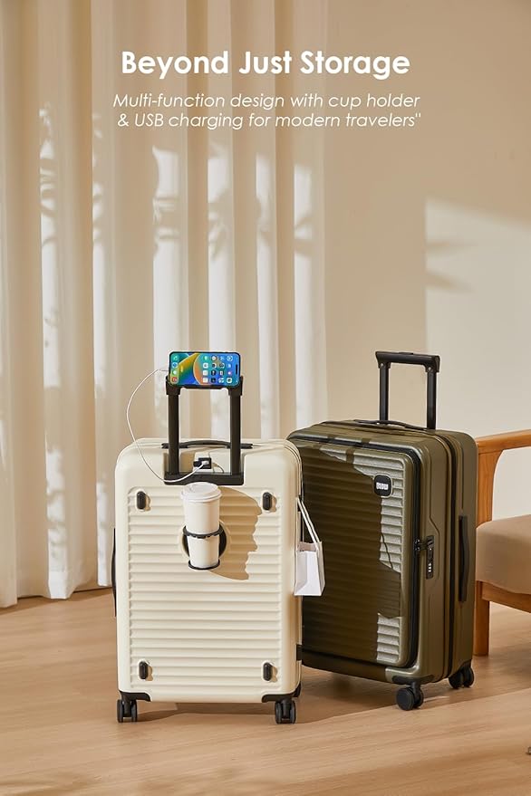 HotWay 24 Inch Expandable Front Opening Checked Luggage with Cup Phone Holder and USB Port, Lightweight Hardshell Suitcase with Wheels and TSA Aproved Locks