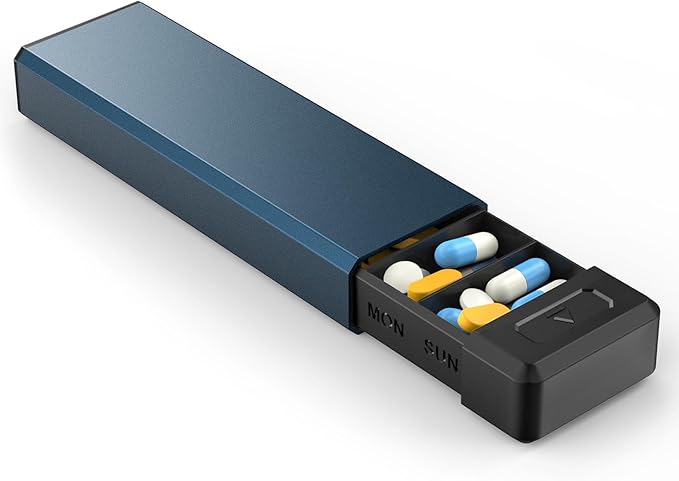 HEIYING Pill Organizer with Aluminum Shell for One Week Capacity, Portable 7 Compartments Pill Box Container to Hold Vitamin, Medicine, Supplements