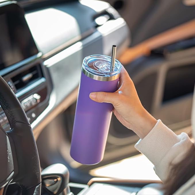 koodee 20 oz Stainless Steel Skinny Tumblers (4 Pack) Double Wall Insulated Water Tumbler Cup with Lids, Straws and Straw Brushes (Teal/Purple/Pink/Black)