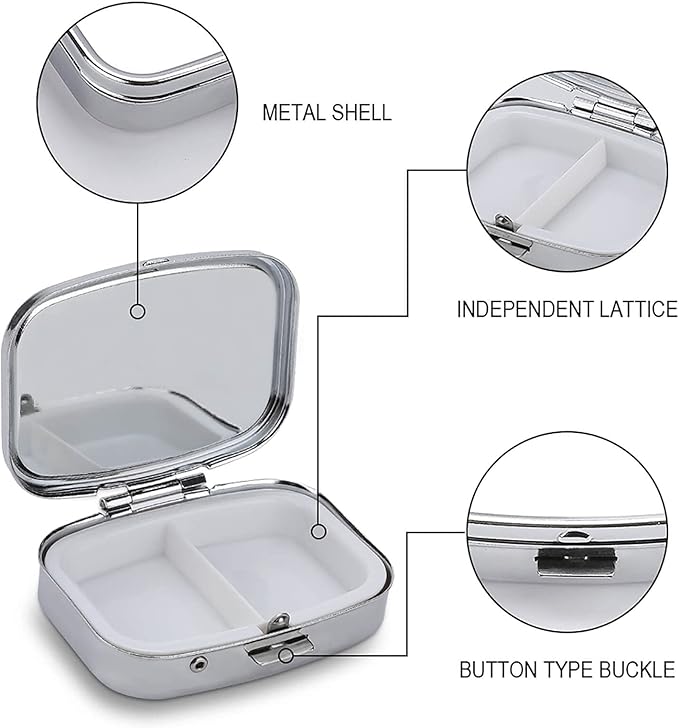Metal 2 Compartment Pill Organizer Travel Friendly Portable Compact Pill Box Cute Pill Case,for Pocket Wallets Daily Portable Medicine Vitamin Tablet Storage (The Sun and The Moon)