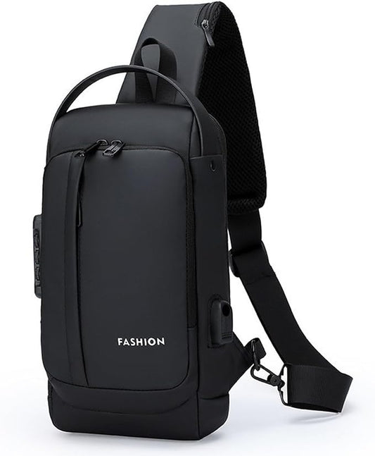 Sling Bag for Men Anti-theft USB Crossbody Shoulder Backpack Purse Waterproof PU Leather Chest Bag Travel Daily Use