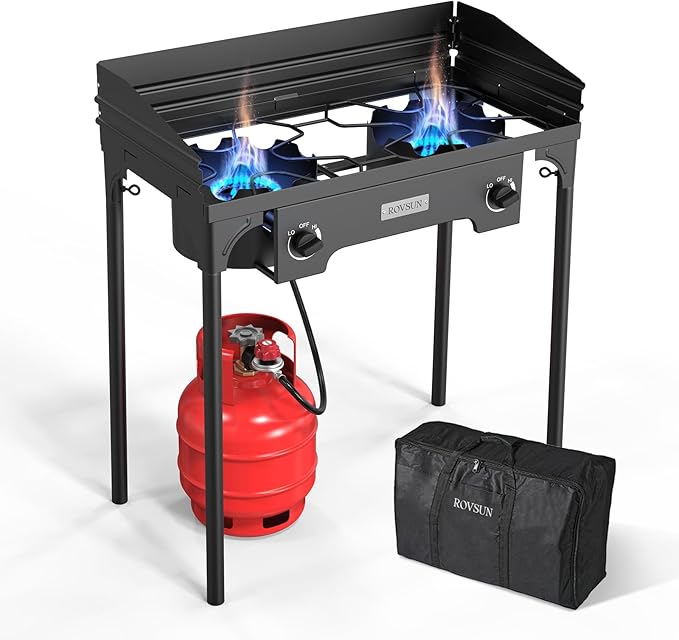 ROVSUN 2 Burner Outdoor Propane Gas Stove with Regulator, Windpanel & Carrying Bag, 150,000 BTU Powerful Stand Cooker for Backyard Cooking Camping Home Brewing Canning Turkey Frying