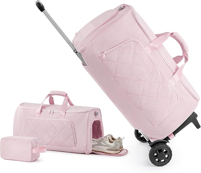 Rolling Garment Bag for Travel,Duffle Garment Bag with Wheels and Shoe Compartment for Men and Women,3 in 1 Suit Dress Bags with Wheels (Pink)