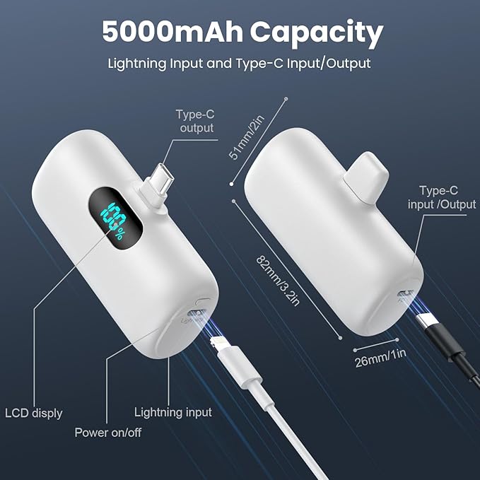 [2-Pack] Mini Portable Charger 5000mAh Power Bank,3A PD USB C Cell Phone Portable Power, LCD Display Battery Pack Compatible with iPhone 16/15/15 plus/15 pro/15 pro Max/Android/Samsung/Moto/LG etc