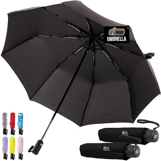 GORILLA GRIP Strong Stick Umbrella for Rain, Compact Travel One-Click Automatic Open Close, Lightweight, Portable, US Designed Reinforced Fiberglass Ribs, Wind Resistant Easy Collapse, Black 2 Pack
