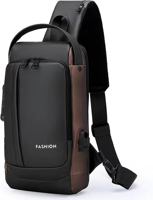 Sling Bag for Men Anti-theft USB Crossbody Shoulder Backpack Purse Waterproof PU Leather Chest Bag Travel Daily Use