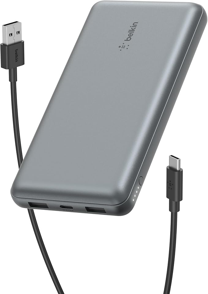 Belkin Portable Charger, USB C Power Bank 20000 mAh w/ 2 USB-A Ports, 15W w/A to C Cable for iPhone 16, 15, Samsung Galaxy S25, iPad, Nintendo Switch 2, Google Pixel 10, etc. - Gray
