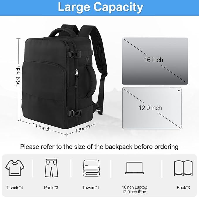Travel Backpack for Men Women, Personal Item Travel Bag with Multi-Pockets, Airline Approved Carry on Backpack Fits 16inch Laptop, Waterproof Casual Backpack for College,Travel, Work