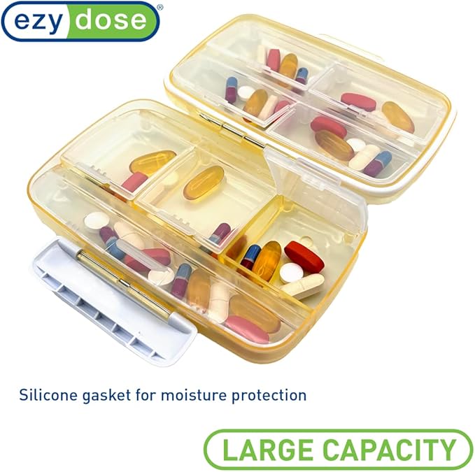 EZY DOSE Moisture-Proof Pill Case, Medicine Planner, Vitamin Organizer Box, Travel-Friendly, Latch-Closure to Secure Contents, 8 Individual Compartments of Multiple Sizes with Tight Seal, Large, Cream