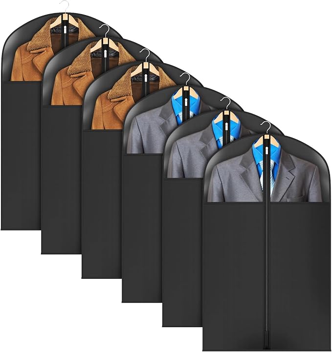 Univivi Garment Bag Suit Bag for Hanging Clothes, 40" Lightweight Full Zipper Washable Suit Cover with Large Visible Window for Suit Coat, Jacket, Sweaters (Set of 6), Black