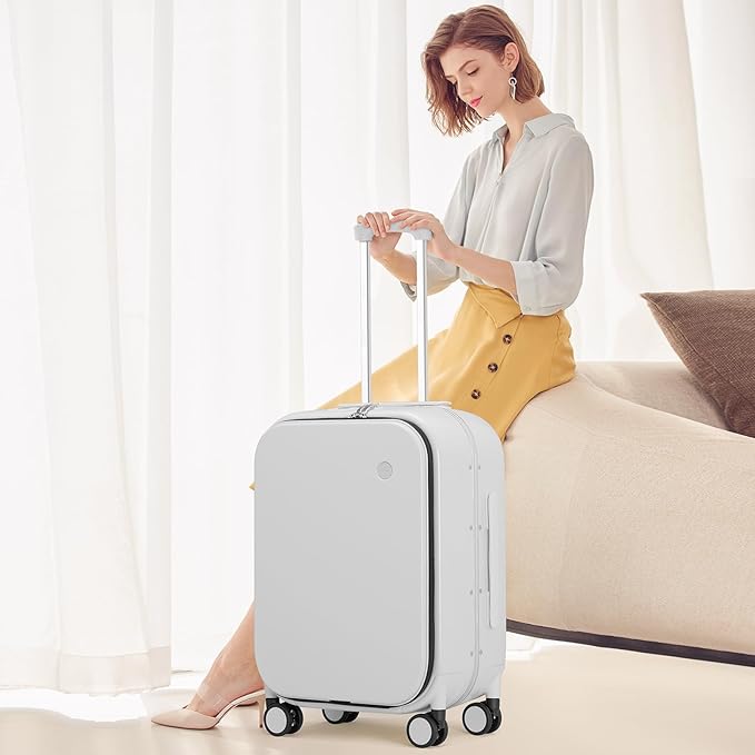 mixi Luggage Suitcase with Spinner Wheels, 24'' Checked Travel Luggage Aluminum Frame PC Hardside with TSA Lock & Cover - Smoke White