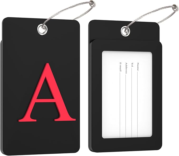 Gostwo 2 Pack Luggage Tags for Suitcases, 26 Initial Letter Travel Luggage Baggage Identification Labels ID Tag Fully Bendable Tags with Stainless Steel Loop (Black) (Letter A)