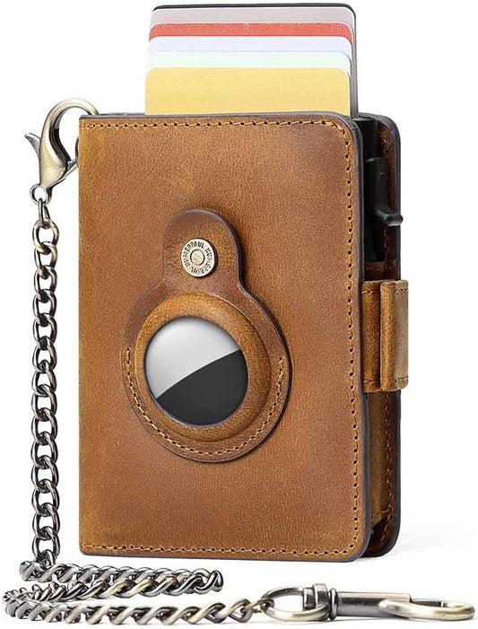 Mens Wallet Card Holder: Pop Up Aluminum Case, Genuine Leather, Smart, RFID Blocking, Slim, Minimalist, Front Pocket - 9-12Capacity (Brown)