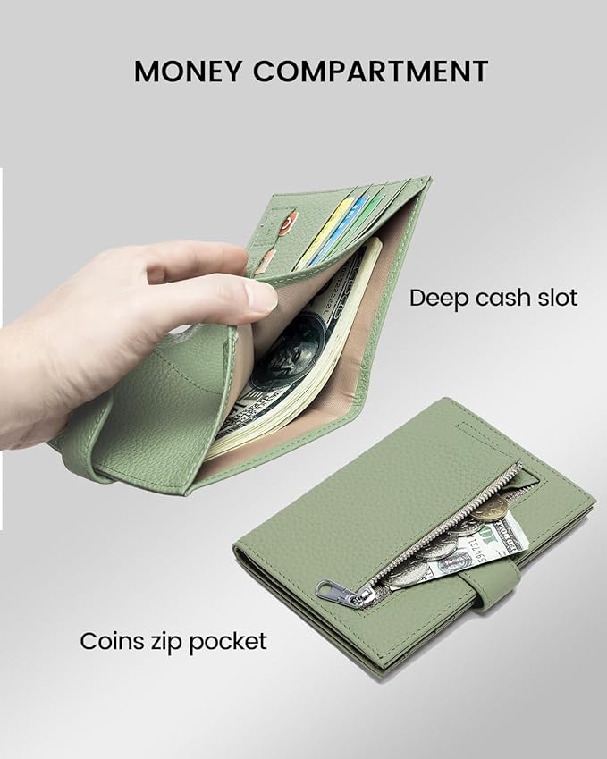 RFID Slim Passport Holder for Women, Compact Leather Passport Wallet with Card Holders SIM Slots,Zippered Coins Pocket and Cash Compartment Travel Passport Cover Case, Light Green