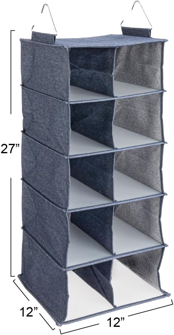 Household Essentials Hanging Cotton Blend and Plastic Closet Shoe Organizer with 10 Storage Compartments, Denim