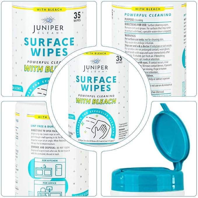 12 Pack Surface Cleaning Wipes with Bleach, All-Purpose Cleaner for Bathroom, Kitchen, Office, 420 Count Canister, 7.5" x 7" Sheet, Fresh Scent, Lint Free & Durable