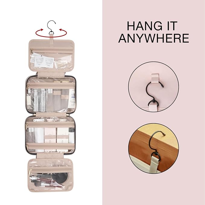 BAGSMART Toiletry Bag Travel Bag with Hanging Hook, Water-resistant Makeup Cosmetic Bag Travel Organizer for Accessories, Shampoo, Full-size Container, Toiletries (Light Pink, Medium)