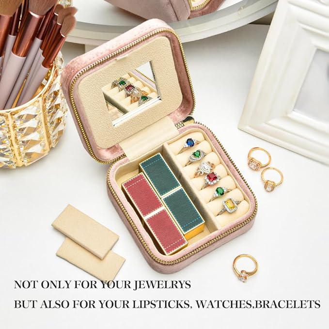 TAIMY Travel Jewelry Case,Small Plush Velvet Travel Jewelry organizer,Portable Mini Travel Jewelry Boxes for Rings Earrings Necklaces Bracelets(Blush Peach,with Mirror)