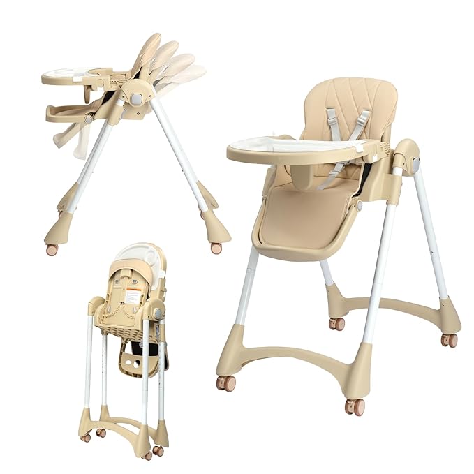 JOYMOR Foldable Baby High Chair, 4 in 1 Convertible Highchair for Eating, Height Adjustble and Multiple Recline, Compact Foldable Design for Easy Storage (Beige)