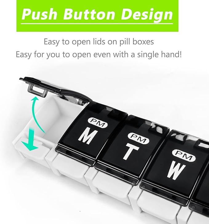 Extra Large Weekly Pill Organizer 2 Times a Day - Remtise Am/Pm Daily Pill Case Medicine Organizer, Push Button 7 Day Pill Box for Pills/Vitamin/Cod Liver Oil/Supplements (Black & White)