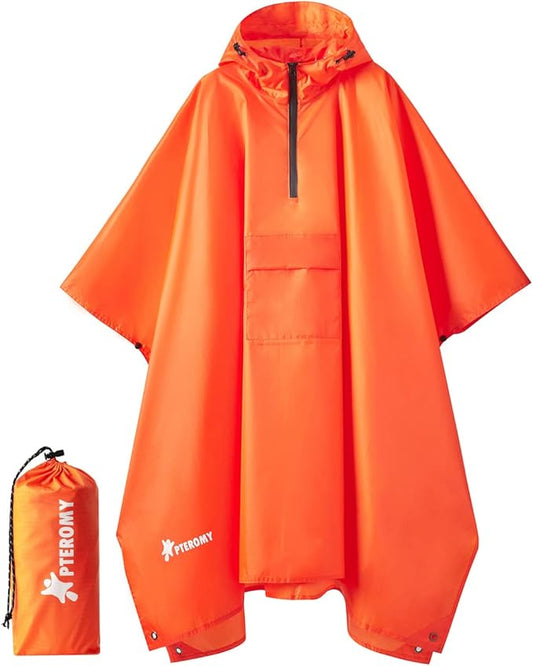 PTEROMY Hooded Rain Poncho for Adult with Pocket, Waterproof Lightweight Unisex Raincoat for Hiking Camping Emergency