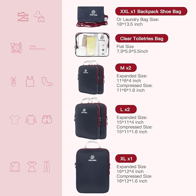 Lightweight Compression Packing Cubes for Suitcases, Compressible Expandable Travel Packing Organizer with Clear Toiletries and Backpack Bag, Travel Essentials for Carry on Luggage 7 Set