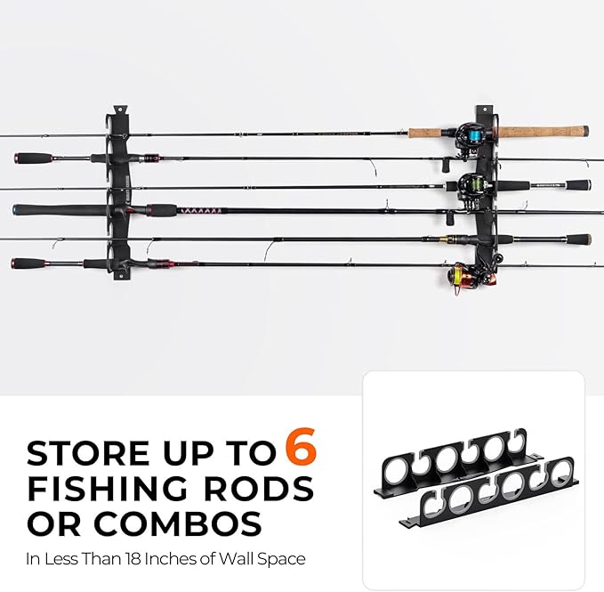 KastKing SafeGuard Fishing Rod Holder for Garage, Wall or Ceiling Mounted Fishing Rod Rack Storage Organizer, Fishing Pole Holder Holds 6 Rods or Combos in Less Than 18 Inches
