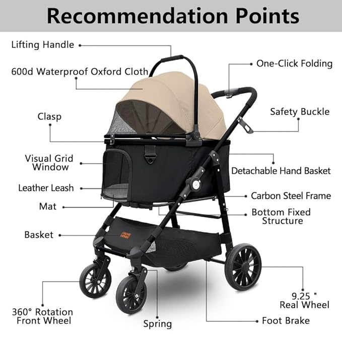 Dog Cat Stroller, Foldable 4 Wheels Dog Stroller for Small Medium Dogs 20 lbs,Pet Strollers for Large Dogs 50lbs, Stable Anti-Shock Detachble Carrier,with 360°Swiveling Front Wheel forTravel