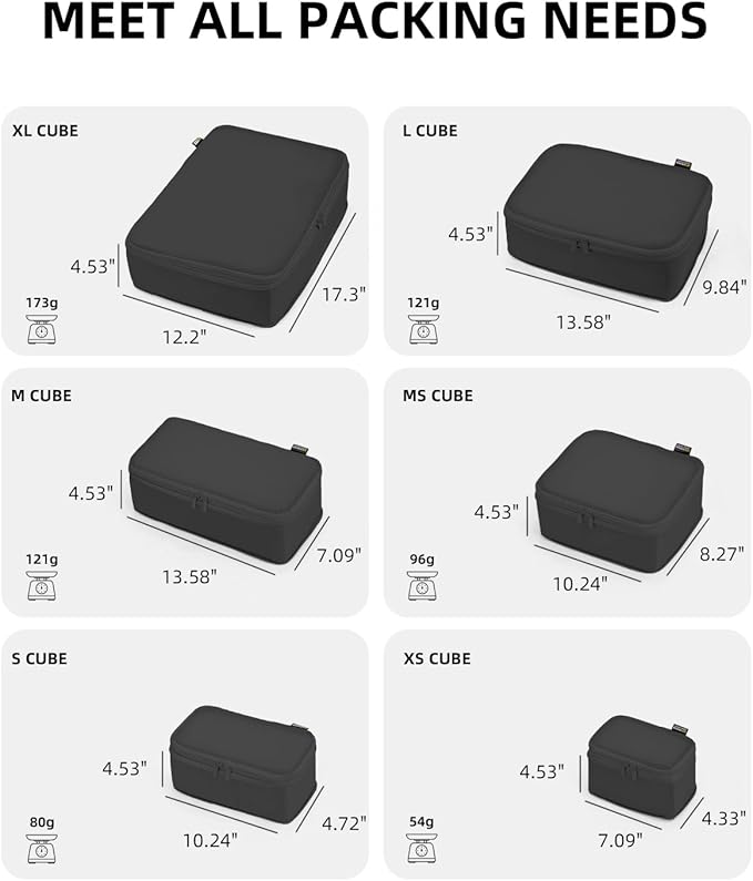 6 Set Compression Packing Cubes for Travel, Large Medium Small Luggage Organizers, Storage Bags for Clothes (6 Pack, Pure Black)