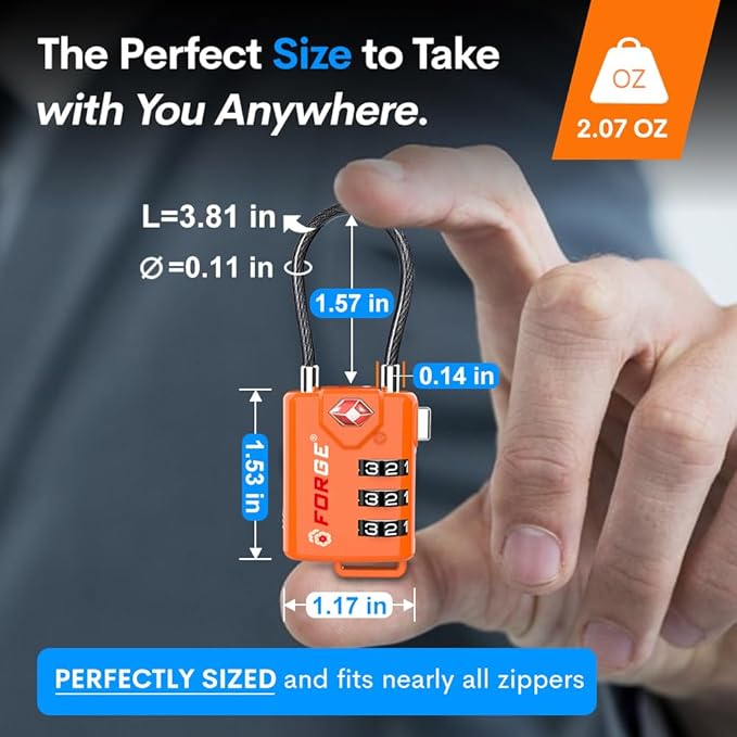 TSA Approved Cable Luggage Locks, Re-settable Combination with Alloy Body, Orange 2 Locks.