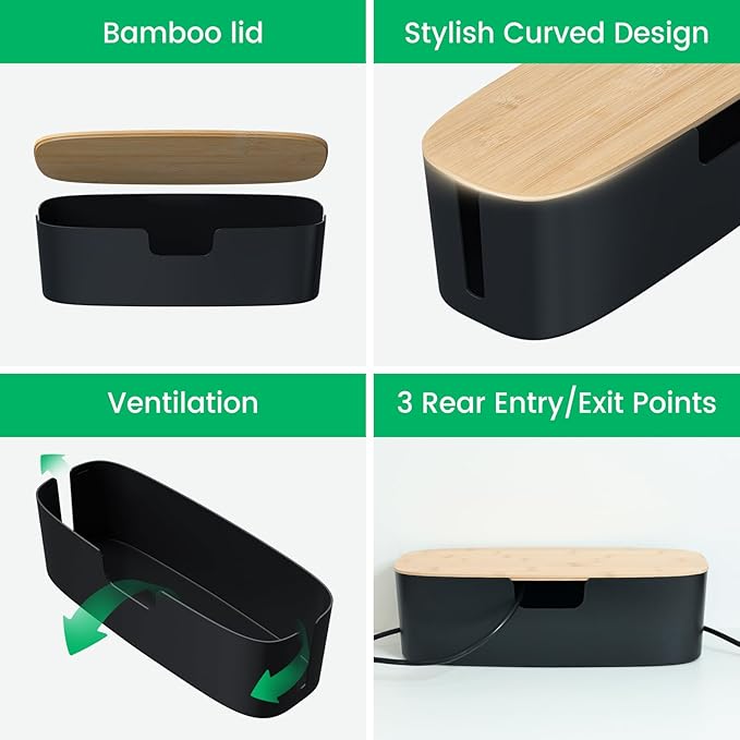 Large Cable Management Box - Cord Organize Box with Bamboo lid for Safe Home & Office, Cord Hider for Power Strip Under Desk, Cover TV Wires, Child & Pet Proof Cord Box, Black
