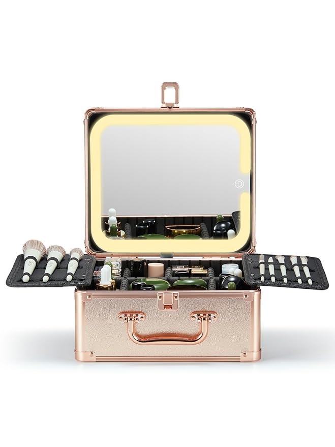 Qislee Makeup Box with A Detachable Lighted Mirror, Waterproof Travel Train Case, Cosmetic Organizer and Makeup Suitcase with Adjustable Dividers, Magnetic LED Mirror(Rose Gold)