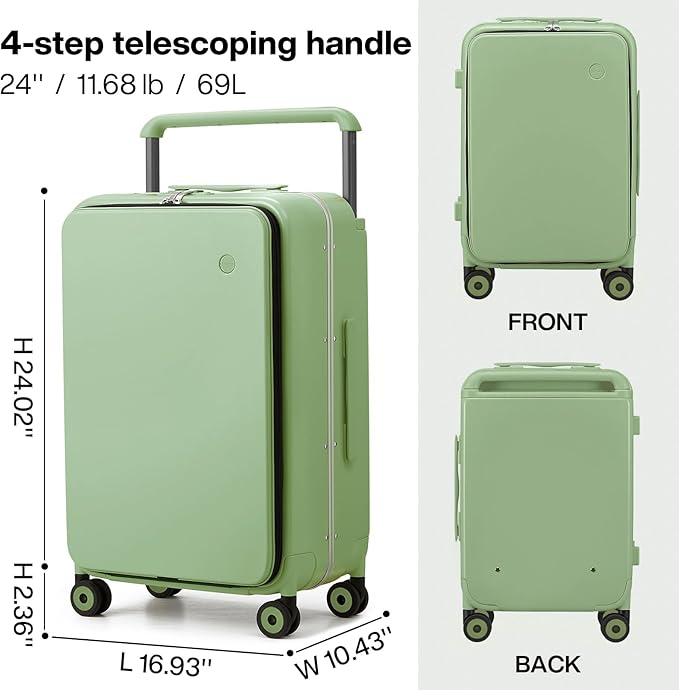 mixi Checked Luggage Wide Handle Luxury Design Rolling Travel Suitcase PC Hardside with Aluminum Frame Hollow Spinner Wheels, with Cover, 24 inch, Avocado Green