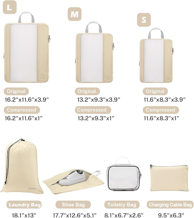 Gonex 8 Set Expandable Mesh Packing Cubes for Travel Essentials, Compression Organizer with Toiletry, Laundry, Shoe, Cable Bags - Beige