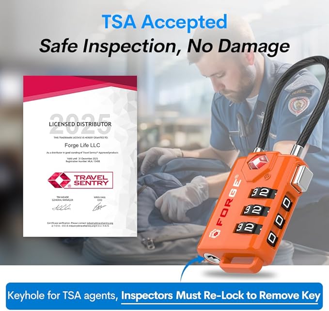 TSA Approved Cable Luggage Locks, Re-settable Combination with Alloy Body, Orange 2 Locks.