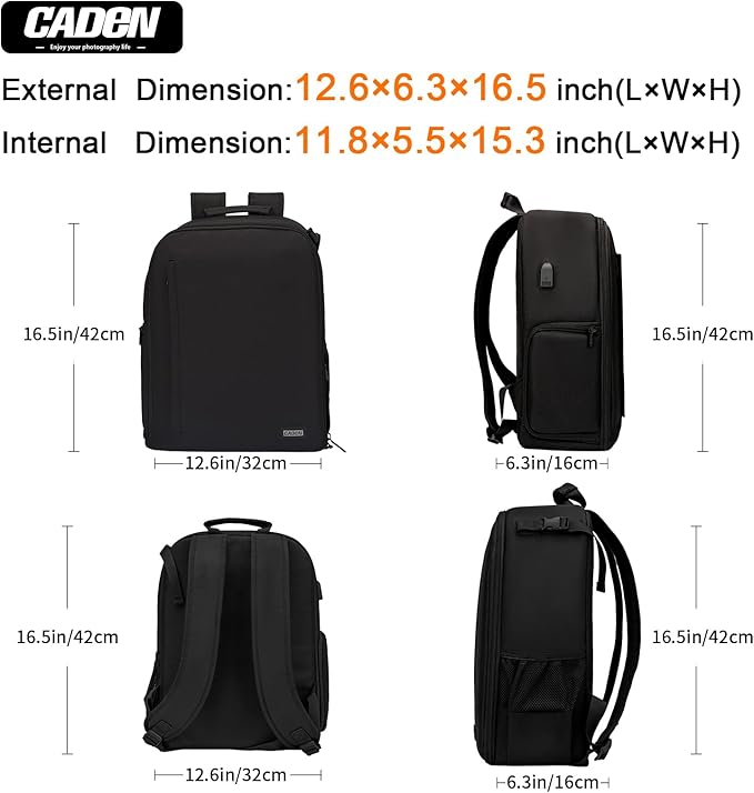 CADeN Camera Backpack Bag with Laptop Compartment 15.6" for DSLR/SLR Mirrorless Camera Waterproof, Camera Case Compatible for Sony Canon Nikon Camera and Lens Tripod Accessories Black
