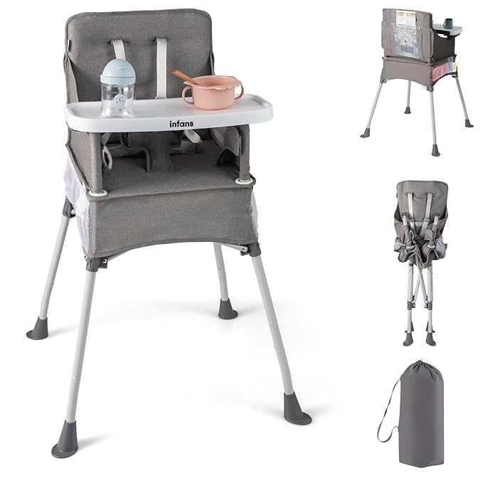 INFANS Baby High Chair, Foldable Portable Highchair for Babies and Toddlers with Travel Bag Adjustable Tray, 5 Point Harness, Compact Space Saver Infant Feeding Chair for Age 6-36 Months (Grey)