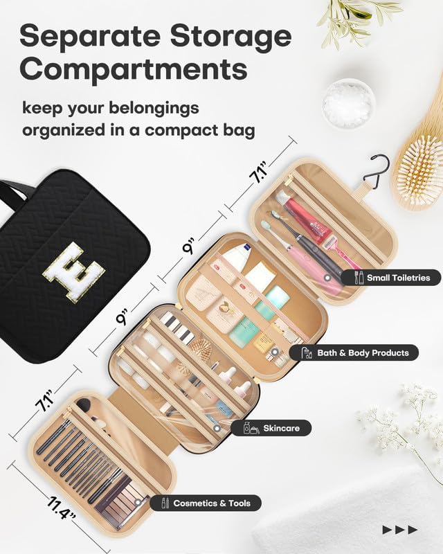 HOTOR Travel Toiletry Bag - Personalized Chenille Initial Makeup Bag, Water-Resistant Personalized Gifts for Women, Portable Travel Accessories & Essentials, Letter E, Black, 11.4"×9.0"×3.35"