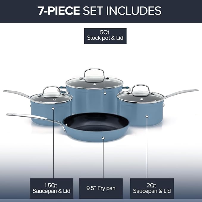 Nuwave Healthy Duralon Blue Ceramic Nonstick Coated 7pc Cookware Set, Scratch-Resistant Diamond Infused, PFAS Free, Induction Ready & Evenly Heats, Oven Safe, Tempered Glass Lids