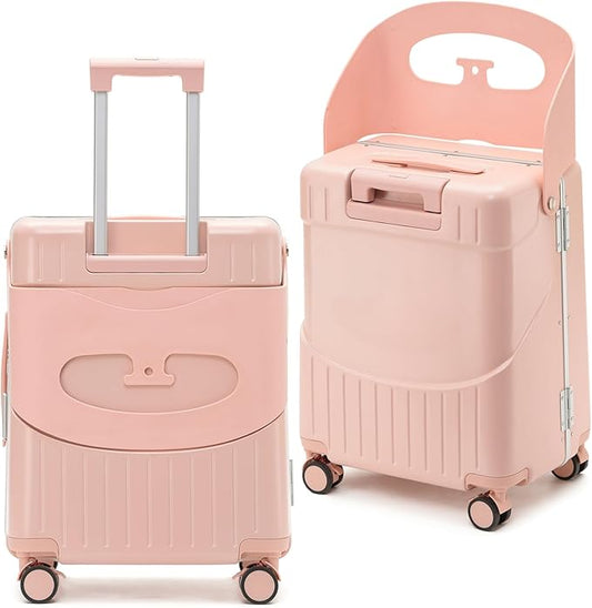 20-Inch Ride-On Suitcase for Kids & Adults – TSA-Approved Underseat Carry-On Luggage with 360° Wheels, Built-In Seat & Safety Belt – Lightweight Durable Spinner Suitcase for Airplane Travel Fits Ages