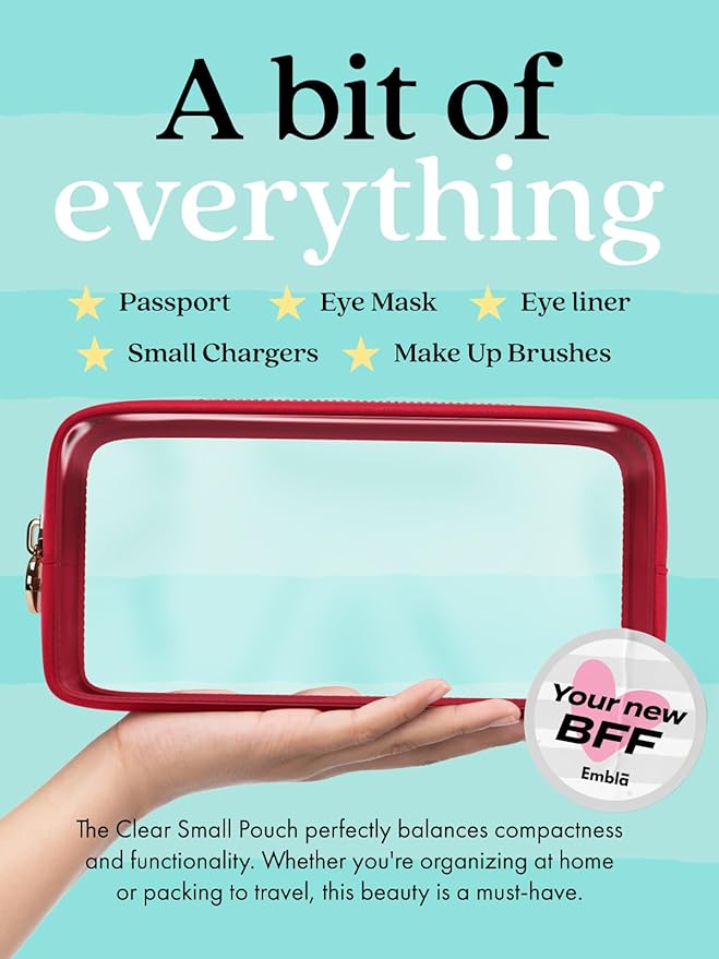 Clear Makeup Bag Zipper Pouch, Transparent Cosmetic Case Organizer, TSA Approved Travel Toiletry Case, Travel Accessories Essentials Makeup Tote for Women, Small Cute Make up Bag for Purse - Ruby